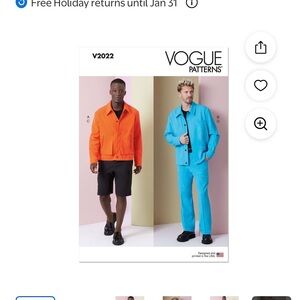 Vogue V2022 Men's Jackets, Shorts, & Pants Sewing Pattern Size AA
